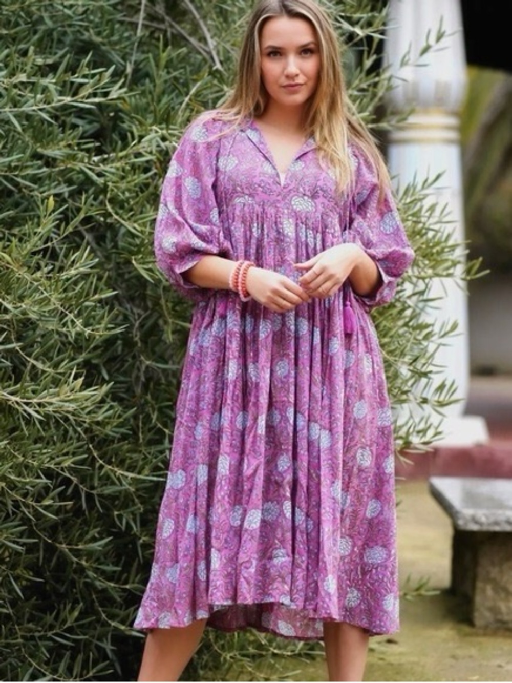 Boho Floral Midi Dress in Lavender Pink